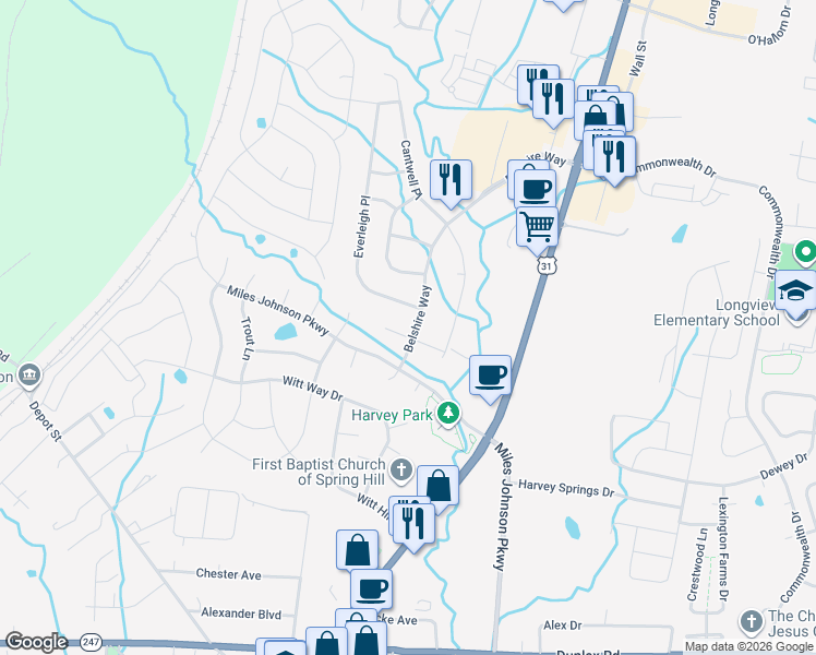 map of restaurants, bars, coffee shops, grocery stores, and more near 1000 Spruce Ridge Lane in Spring Hill