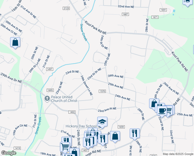 map of restaurants, bars, coffee shops, grocery stores, and more near 2447 25th Avenue Northeast in Hickory