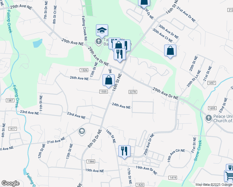 map of restaurants, bars, coffee shops, grocery stores, and more near 2510 16th Street Northeast in Hickory
