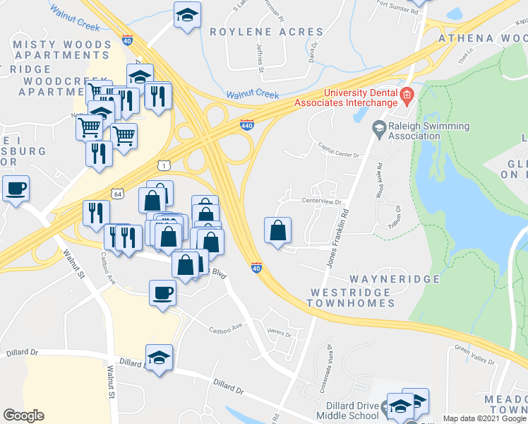 map of restaurants, bars, coffee shops, grocery stores, and more near 5540 Centerview Drive in Raleigh