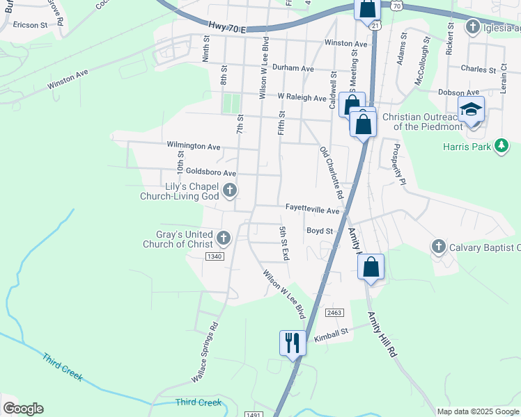 map of restaurants, bars, coffee shops, grocery stores, and more near 1600 Wilson W Lee Boulevard in Statesville