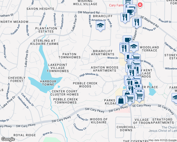 map of restaurants, bars, coffee shops, grocery stores, and more near 111 Winners Circle in Cary