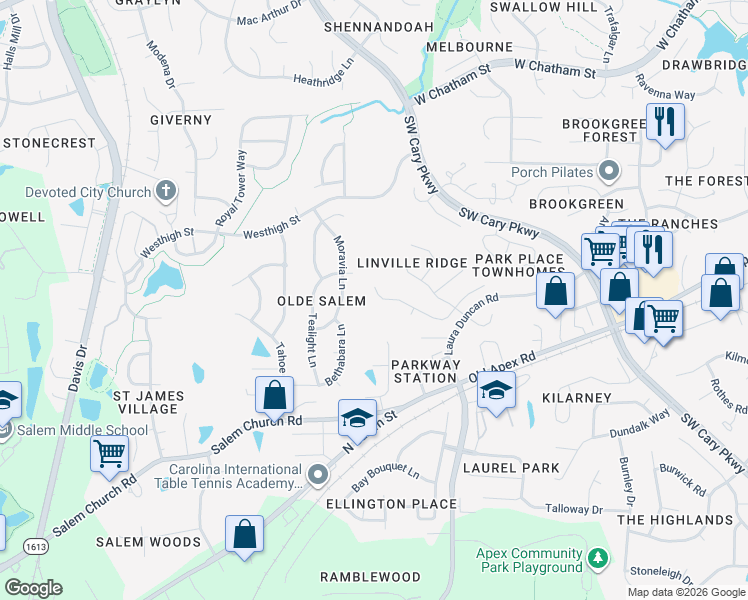map of restaurants, bars, coffee shops, grocery stores, and more near 239 Lost Tree Lane in Cary