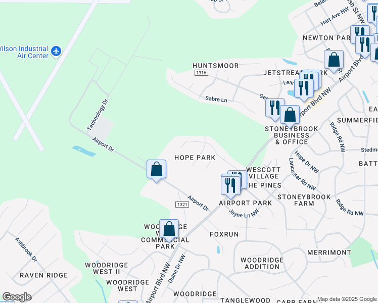 map of restaurants, bars, coffee shops, grocery stores, and more near 3811 Chase Road Northwest in Wilson