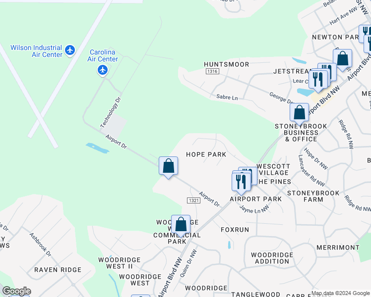 map of restaurants, bars, coffee shops, grocery stores, and more near 3818 Chase Road Northwest in Wilson