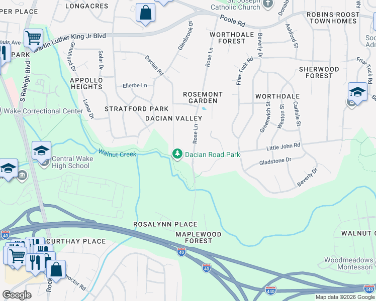 map of restaurants, bars, coffee shops, grocery stores, and more near 557 Rose Lane in Raleigh