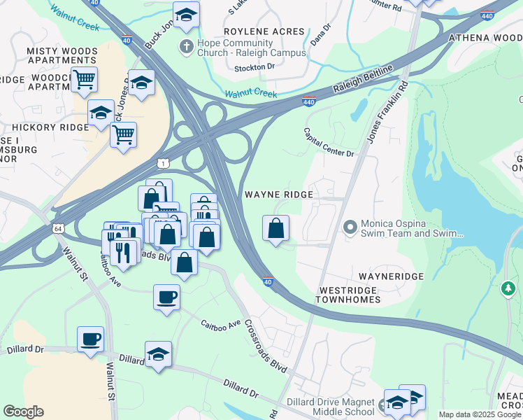 map of restaurants, bars, coffee shops, grocery stores, and more near 5540 Centerview Drive in Raleigh