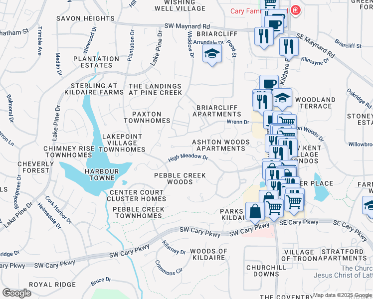 map of restaurants, bars, coffee shops, grocery stores, and more near 111 Winners Circle in Cary