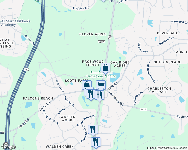 map of restaurants, bars, coffee shops, grocery stores, and more near 505 Trelawney Lane in Cary