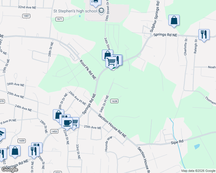 map of restaurants, bars, coffee shops, grocery stores, and more near 2750 34th Street Place Northeast in Hickory