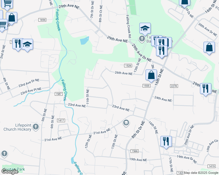 map of restaurants, bars, coffee shops, grocery stores, and more near 2340 13th Street Drive Northeast in Hickory