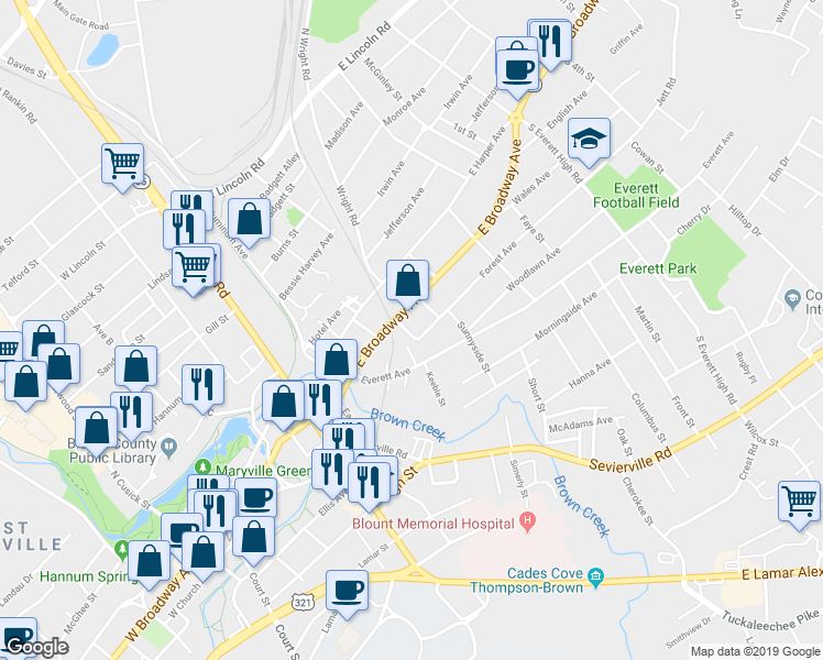 map of restaurants, bars, coffee shops, grocery stores, and more near 1109 Forest Avenue in Maryville