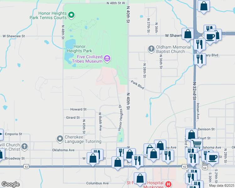 map of restaurants, bars, coffee shops, grocery stores, and more near Honor Heights Drive in Muskogee