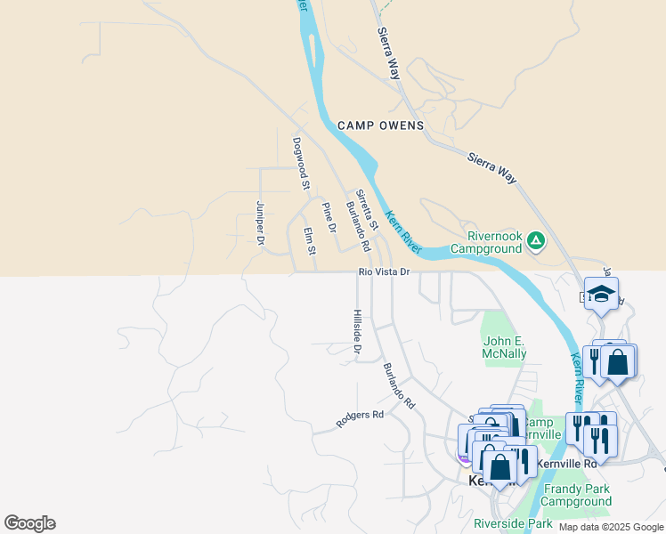 map of restaurants, bars, coffee shops, grocery stores, and more near 400 Rio Vista Drive in Kernville