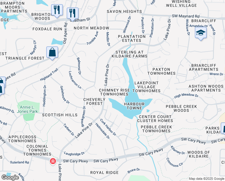 map of restaurants, bars, coffee shops, grocery stores, and more near 218 Chimney Rise Drive in Cary