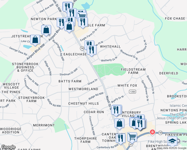 map of restaurants, bars, coffee shops, grocery stores, and more near 2801-2805 N Carolina 58 in Wilson