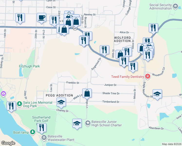 map of restaurants, bars, coffee shops, grocery stores, and more near 1355 Dogwood Drive in Batesville