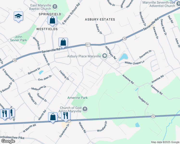 map of restaurants, bars, coffee shops, grocery stores, and more near 337 Caboose Lane in Maryville