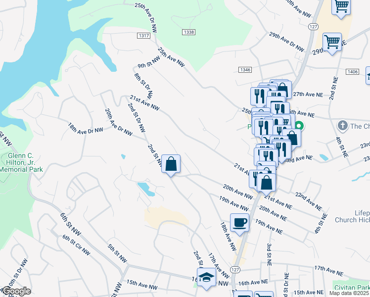 map of restaurants, bars, coffee shops, grocery stores, and more near 270 20th Avenue Drive Northwest in Hickory