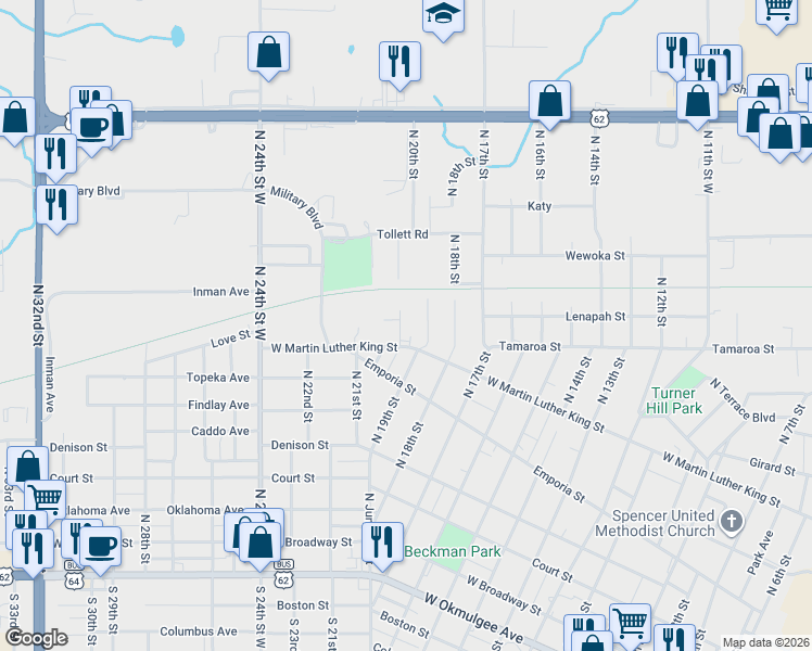 map of restaurants, bars, coffee shops, grocery stores, and more near 610 North 20th Street in Muskogee