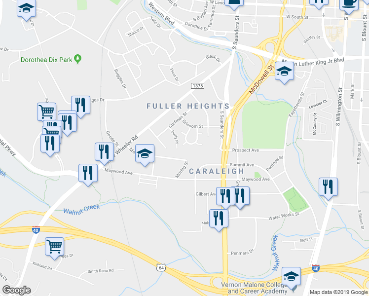 map of restaurants, bars, coffee shops, grocery stores, and more near 505 Ellis Court in Raleigh