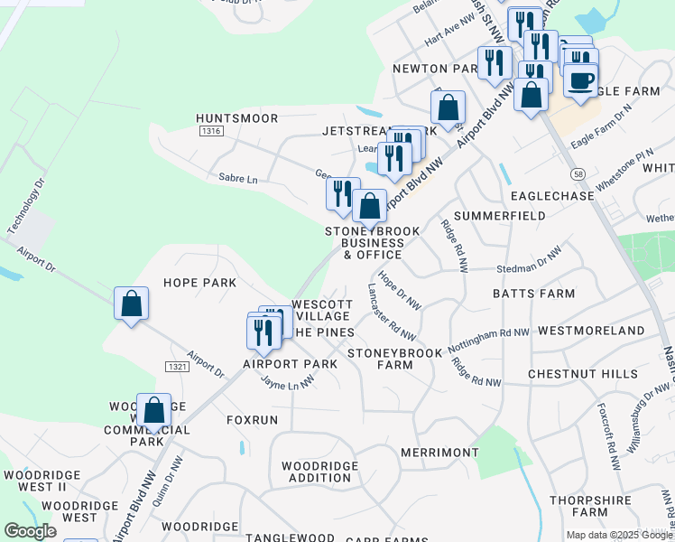 map of restaurants, bars, coffee shops, grocery stores, and more near 3430 Irene Drive Northwest in Wilson