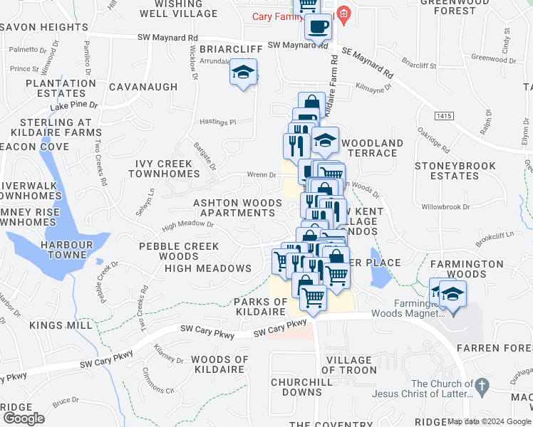 map of restaurants, bars, coffee shops, grocery stores, and more near 223 Twin Oaks Place in Cary