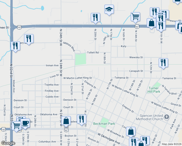 map of restaurants, bars, coffee shops, grocery stores, and more near 610 North 20th Street in Muskogee