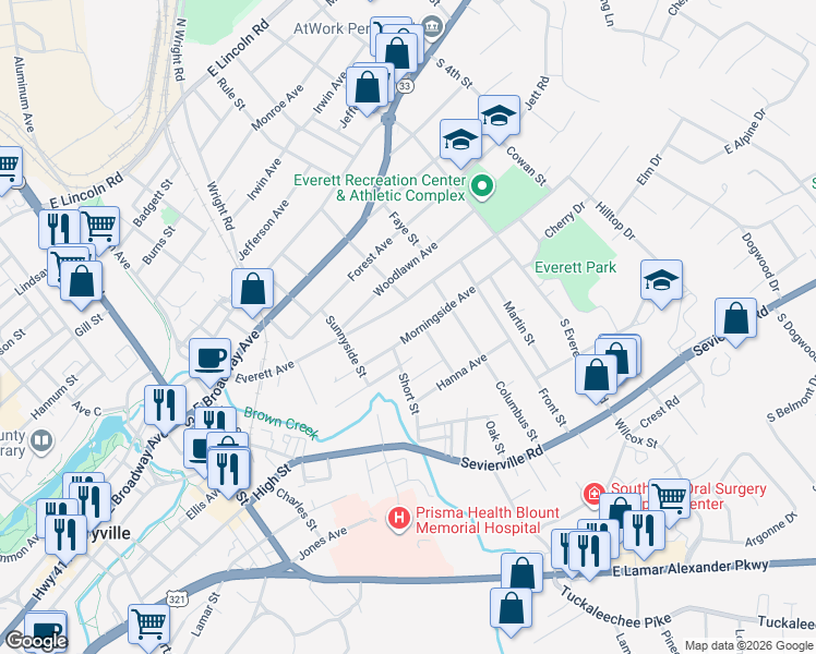 map of restaurants, bars, coffee shops, grocery stores, and more near 1229 Morningside Avenue in Maryville