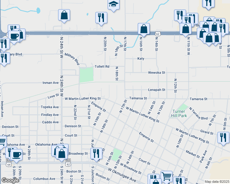 map of restaurants, bars, coffee shops, grocery stores, and more near 821 North 18th Street in Muskogee