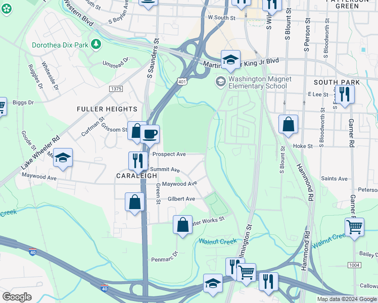 map of restaurants, bars, coffee shops, grocery stores, and more near 120 Prospect Avenue in Raleigh