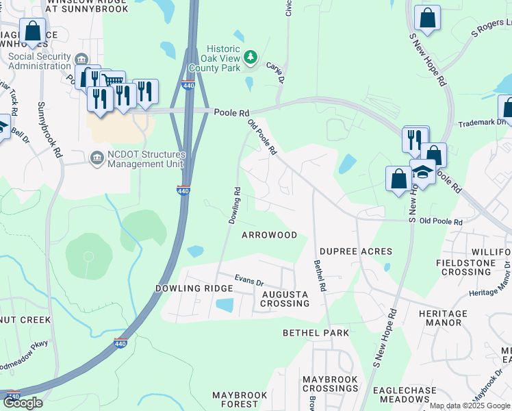 map of restaurants, bars, coffee shops, grocery stores, and more near 1201 Dowling Road in Raleigh
