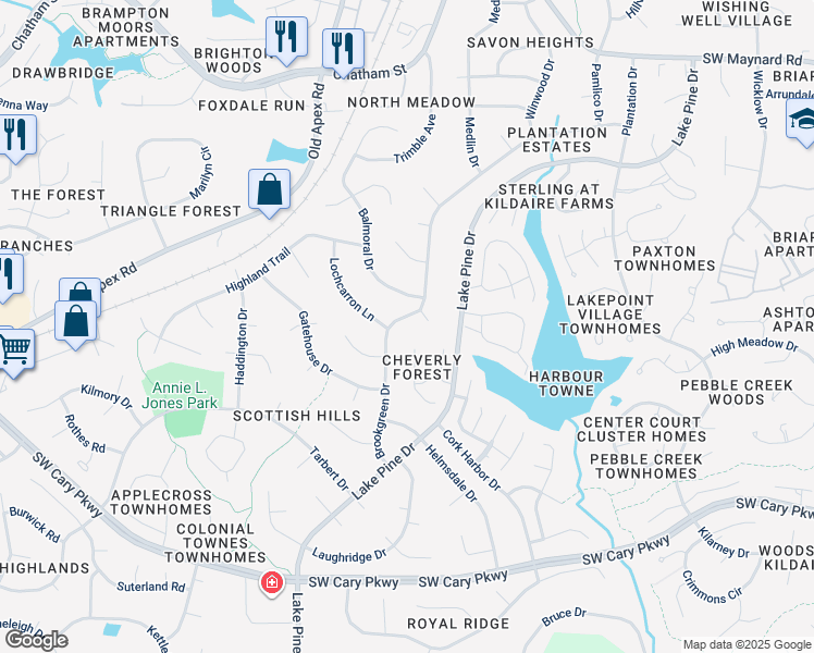 map of restaurants, bars, coffee shops, grocery stores, and more near 1113 Brookgreen Drive in Cary