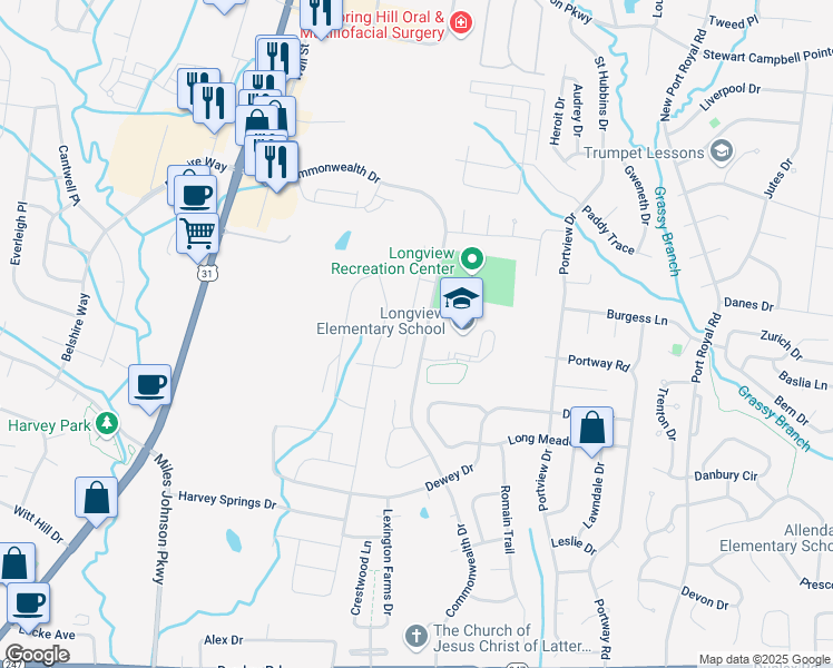 map of restaurants, bars, coffee shops, grocery stores, and more near 1980 Allerton Way in Spring Hill
