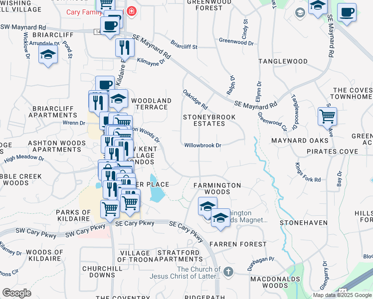 map of restaurants, bars, coffee shops, grocery stores, and more near 300 Willowbrook Drive in Cary