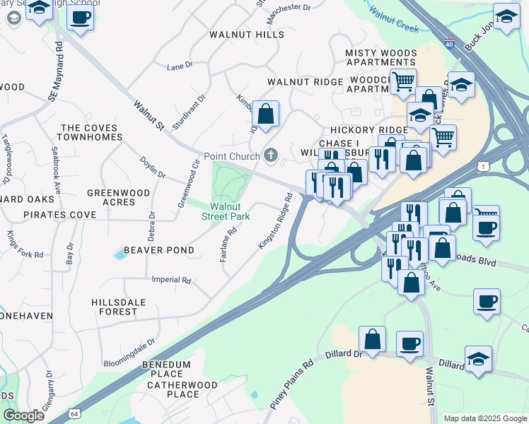 map of restaurants, bars, coffee shops, grocery stores, and more near 1189 Fairlane Road in Cary