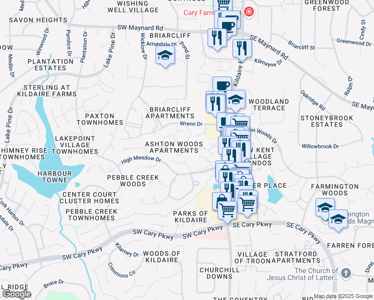 map of restaurants, bars, coffee shops, grocery stores, and more near 223 Twin Oaks Place in Cary