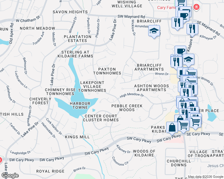 map of restaurants, bars, coffee shops, grocery stores, and more near 1200 Selwyn Lane in Cary