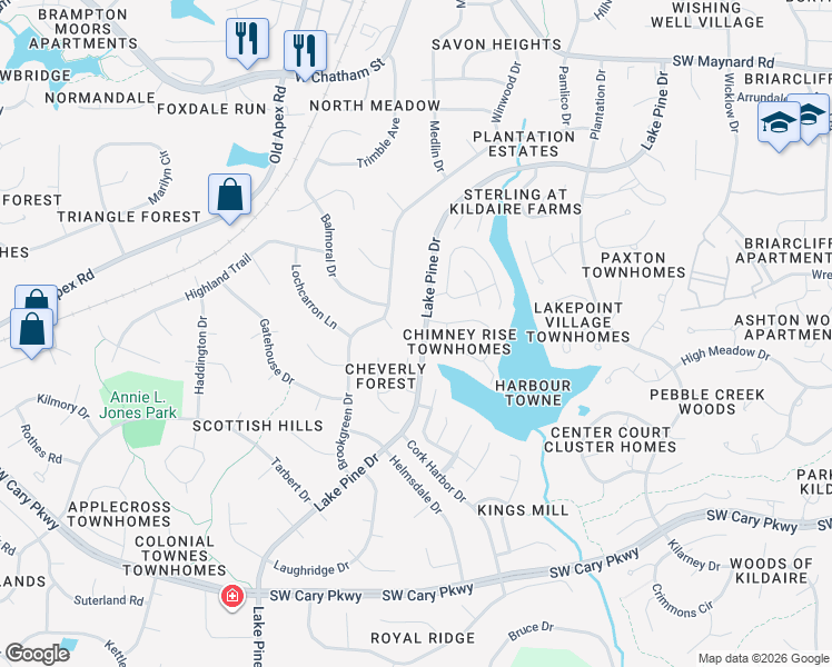 map of restaurants, bars, coffee shops, grocery stores, and more near 103 Cambrian Way in Cary