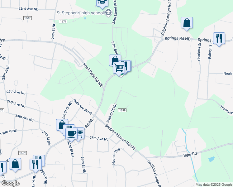 map of restaurants, bars, coffee shops, grocery stores, and more near 2750 34th Street Place Northeast in Hickory