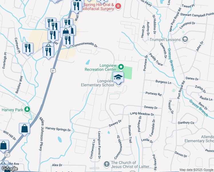 map of restaurants, bars, coffee shops, grocery stores, and more near 1980 Allerton Way in Spring Hill