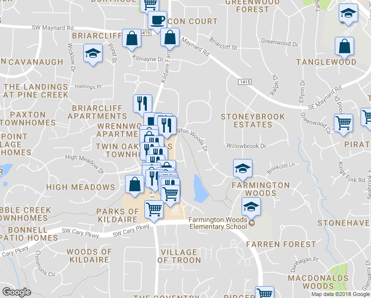 map of restaurants, bars, coffee shops, grocery stores, and more near 421 New Kent Place in Cary