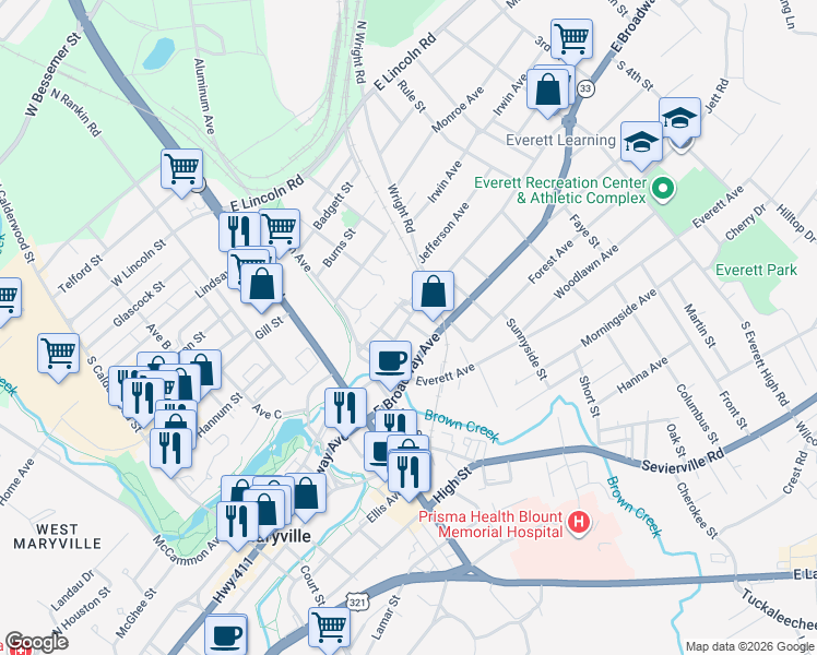 map of restaurants, bars, coffee shops, grocery stores, and more near 1004 East Harper Avenue in Maryville