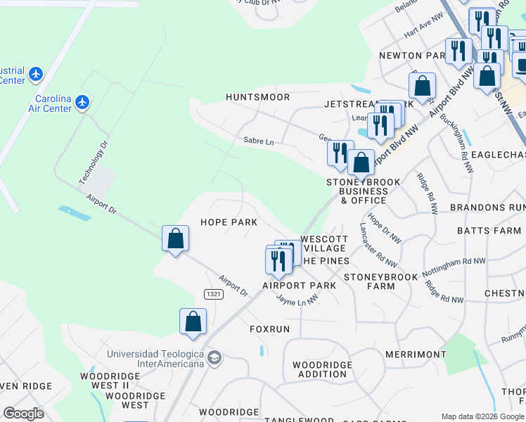 map of restaurants, bars, coffee shops, grocery stores, and more near 3700 Chase Road Northwest in Wilson