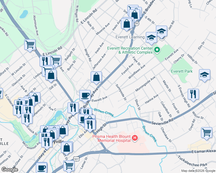 map of restaurants, bars, coffee shops, grocery stores, and more near 1109 Forest Avenue in Maryville