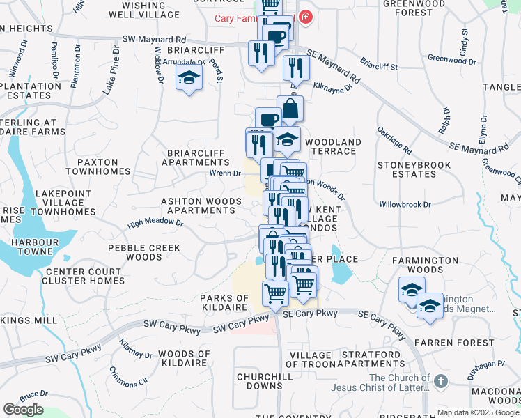 map of restaurants, bars, coffee shops, grocery stores, and more near 105 Charter Oaks Circle in Cary