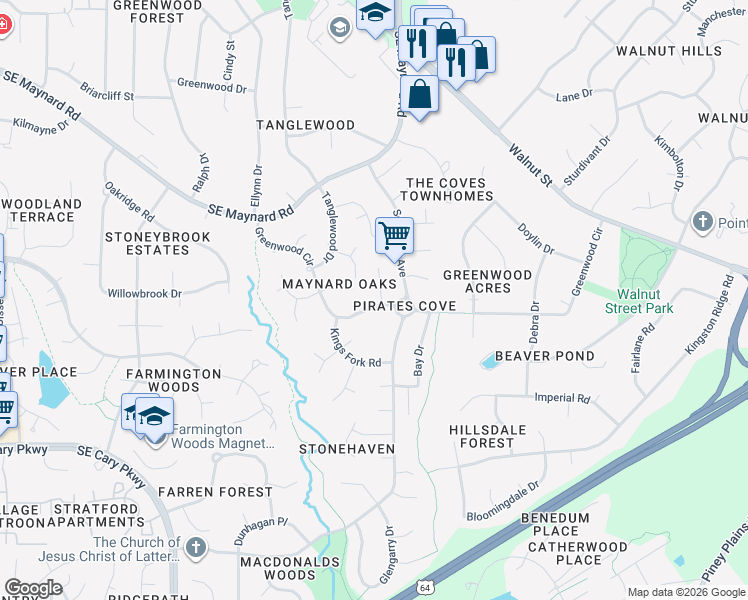 map of restaurants, bars, coffee shops, grocery stores, and more near 1214 Kenbridge Lane in Cary