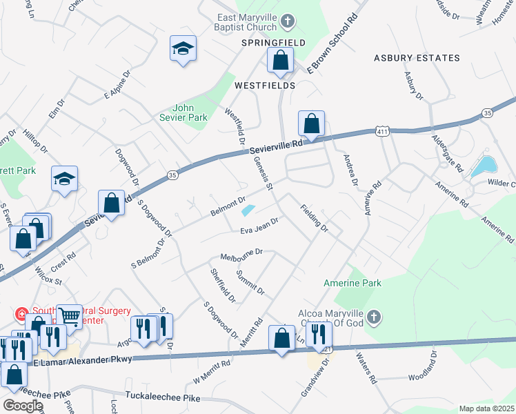 map of restaurants, bars, coffee shops, grocery stores, and more near 1022 Silver Creek Lane in Maryville