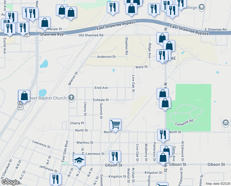 map of restaurants, bars, coffee shops, grocery stores, and more near 1617 Chestnut Street in Muskogee