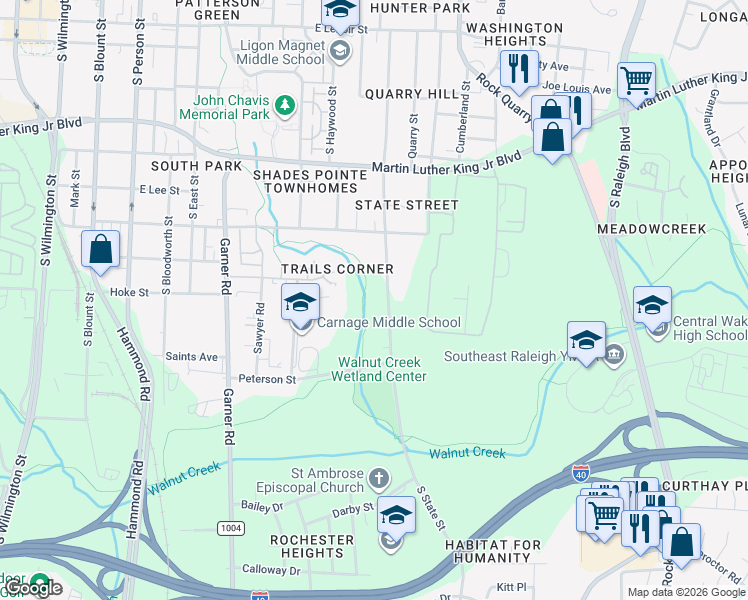 map of restaurants, bars, coffee shops, grocery stores, and more near 1304 South State Street in Raleigh